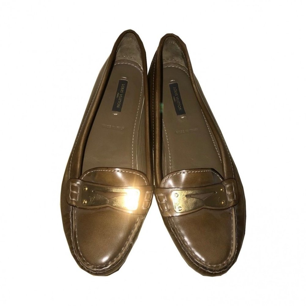 Louis Vuitton Brown Leather Flats Moccasin Loafers Logo Size 6